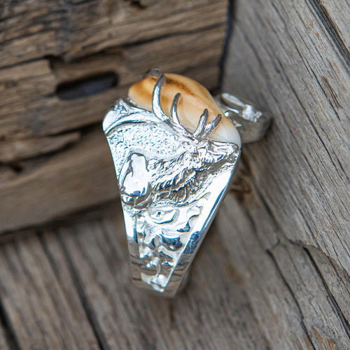 Royal Nugget elk ivory ring in platinum — custom elk tooth keepsake by Volakai