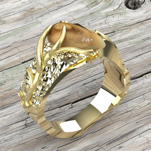 Royal Rack & Track elk ivory ring in 14k yellow gold — bull elk rack and tracks, custom by Volakai
