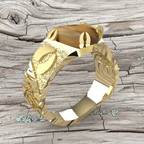 Royal Rack & Track elk ivory ring in 10k yellow gold — elk tracks side, custom by Volakai