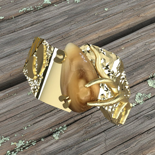 Royal Rack & Track elk ivory ring in 18k yellow gold — custom bull elk ring by Volakai