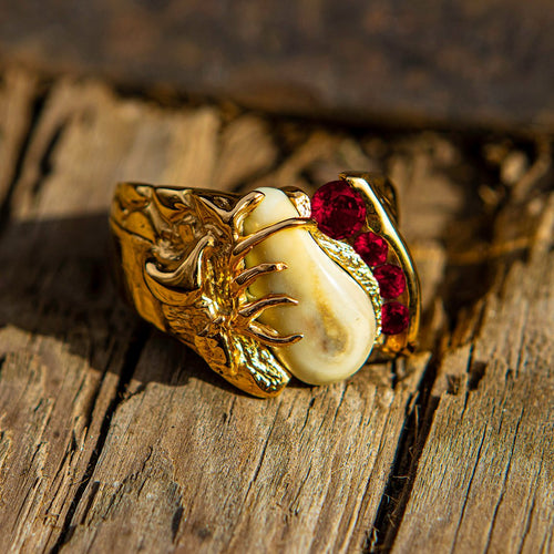 Diamond Royal elk ivory ring in 14k yellow gold with ruby — custom bull elk ring by Volakai