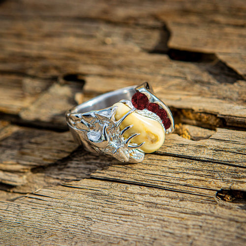Diamond Royal elk ivory ring in silver with ruby — custom bull elk ring by Volakai