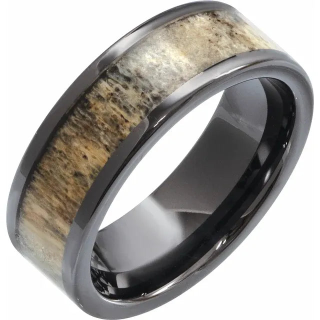 Black Ceramic Antler Wood Inlay Comfort-Fit Flat Band