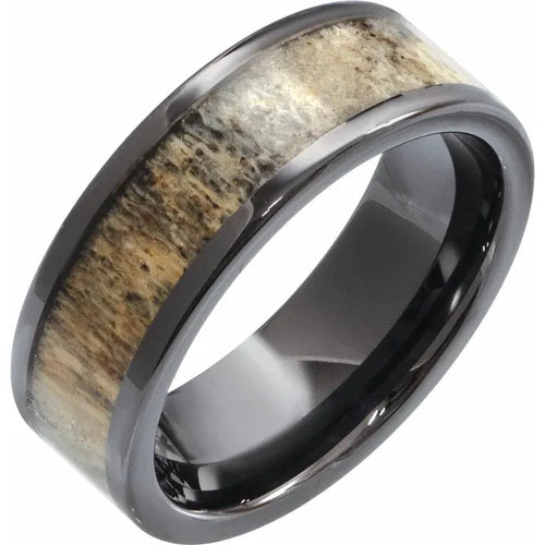 Black Ceramic Antler Wood Inlay Comfort-Fit Flat Band